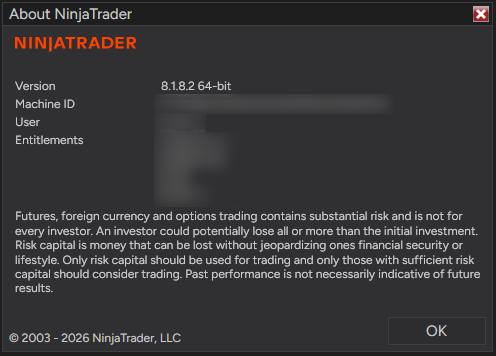 About NinjaTrader window showing the version number, with Machine ID, User and Entitlements blurred