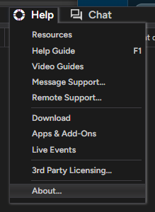 NinjaTrader Help menu with About... at the bottom of the list