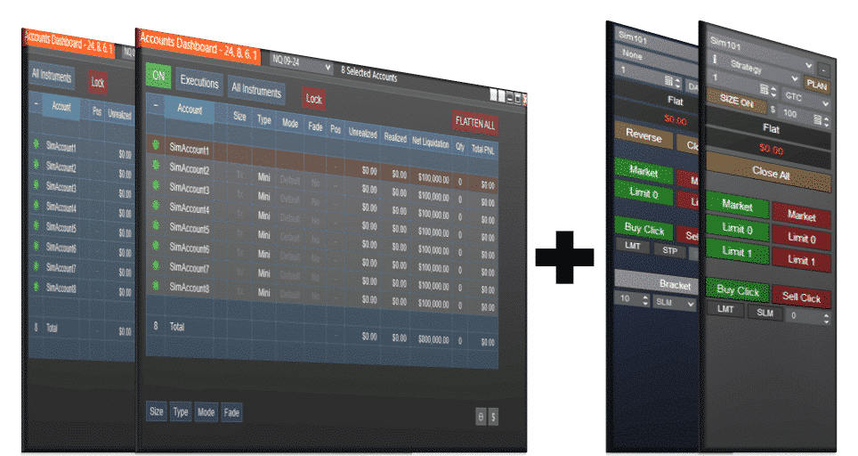 Two dark-themed trading dashboards side by side with a large plus sign between them, illustrating integration of account management and order screens.
